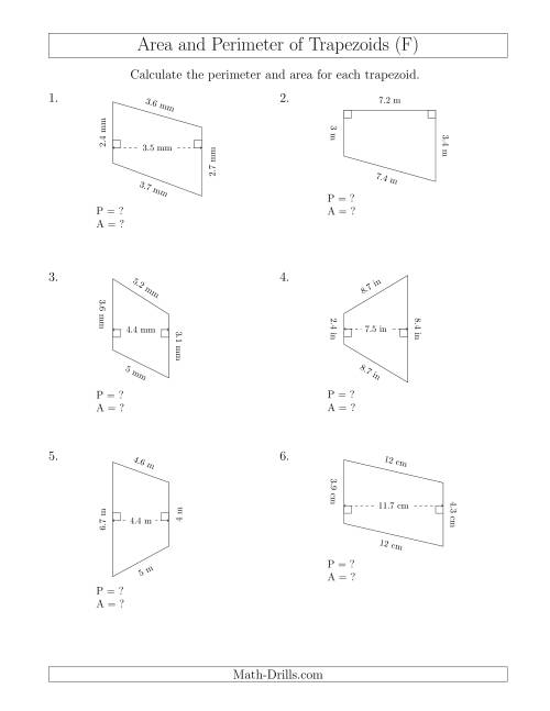 The Calculating the Perimeter and Area of Trapezoids (Smaller Numbers) (F) Math Worksheet