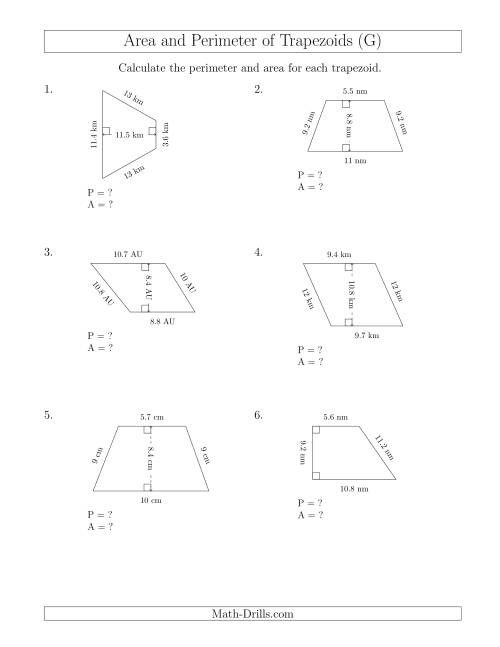 The Calculating the Perimeter and Area of Trapezoids (Smaller Numbers) (G) Math Worksheet