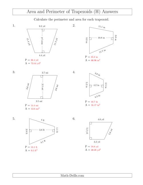 Calculating the Perimeter and Area of Trapezoids (Smaller Numbers) (H)