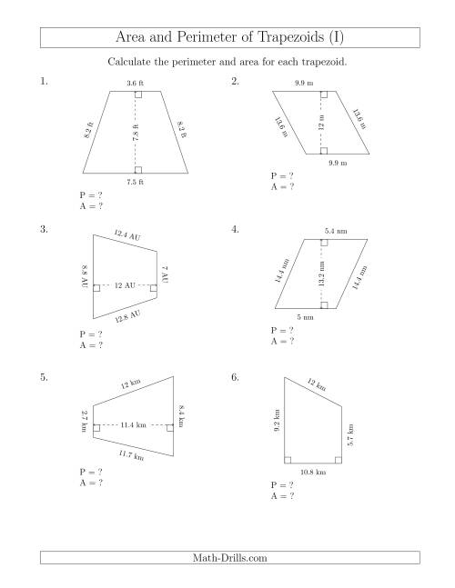 The Calculating the Perimeter and Area of Trapezoids (Smaller Numbers) (I) Math Worksheet