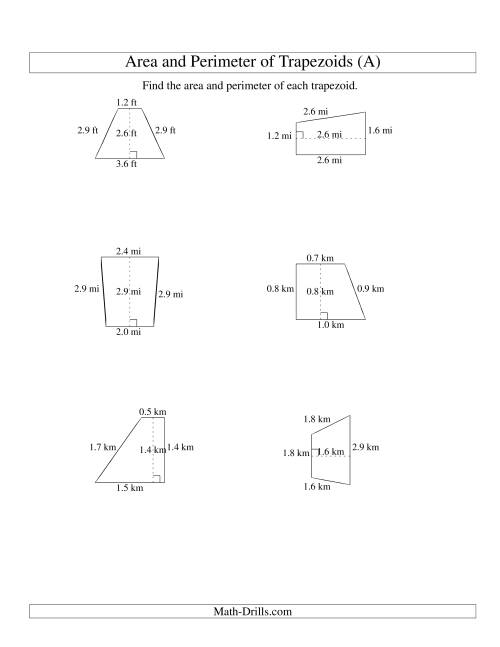The Area and Perimeter of Trapezoids (up to 1 decimal place; range 1-5) (Old) Math Worksheet