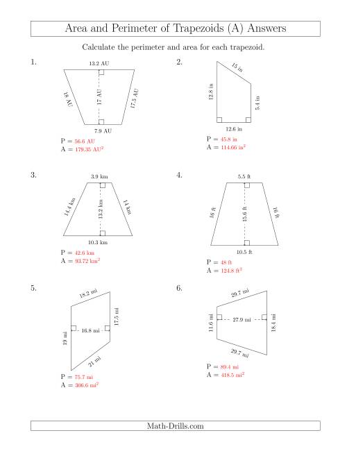 The Calculating the Perimeter and Area of Trapezoids (Larger Numbers) (A) Math Worksheet Page 2