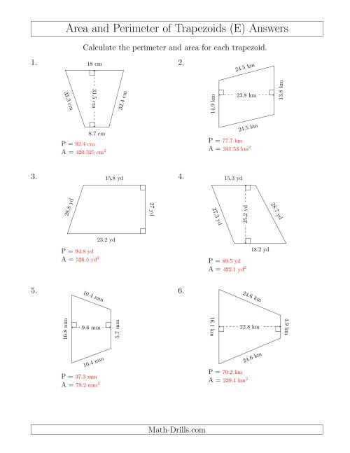 trapezoid perimeter and area worksheets