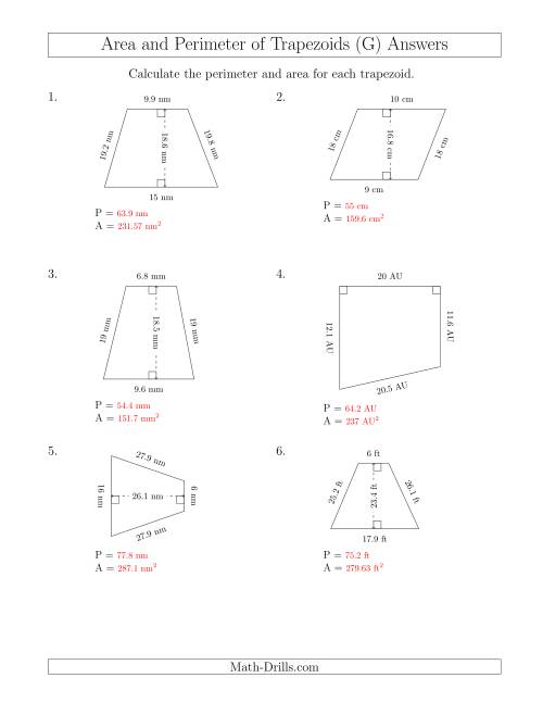 Calculating the Perimeter and Area of Trapezoids (Larger Numbers) (G)