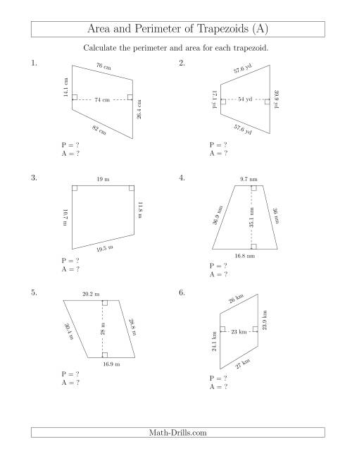 The Calculating the Perimeter and Area of Trapezoids (Even Larger Numbers) (A) Math Worksheet