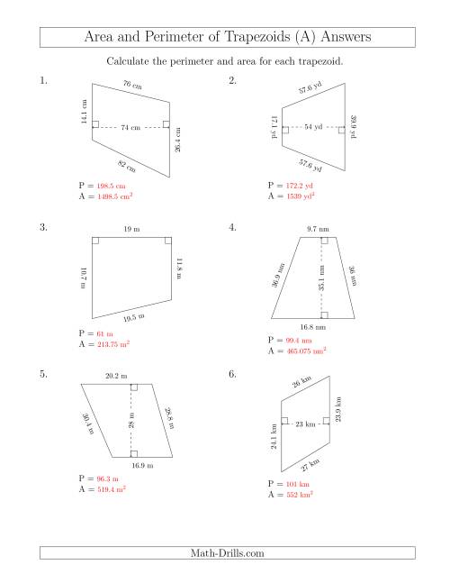 The Calculating the Perimeter and Area of Trapezoids (Even Larger Numbers) (A) Math Worksheet Page 2