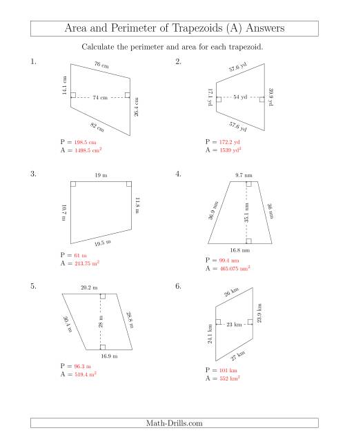 Calculating the Perimeter and Area of Trapezoids (Even Larger Numbers) (A)