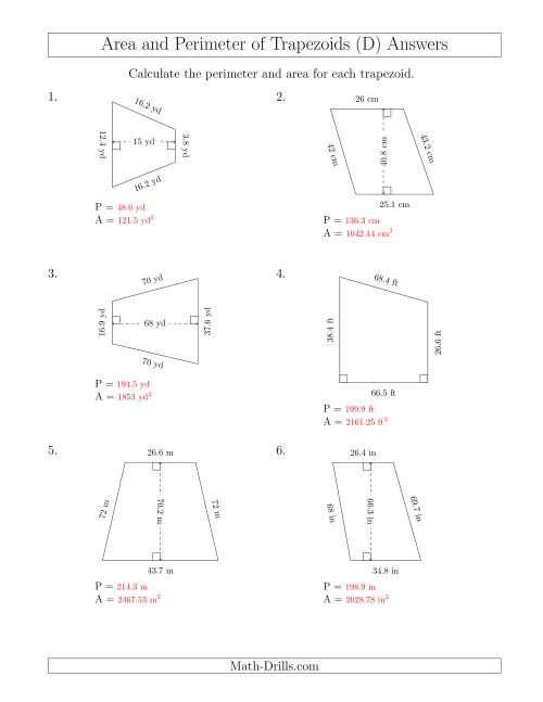 Calculating the Perimeter and Area of Trapezoids (Even Larger Numbers) (D)