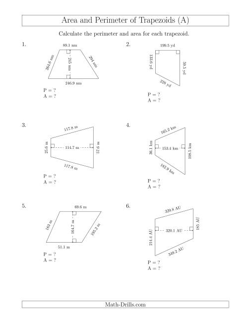 The Calculating the Perimeter and Area of Trapezoids (Larger Still Numbers) (A) Math Worksheet