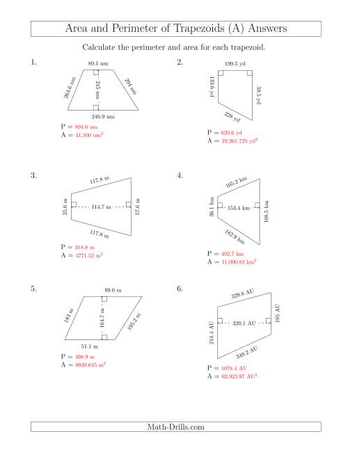 The Calculating the Perimeter and Area of Trapezoids (Larger Still Numbers) (A) Math Worksheet Page 2