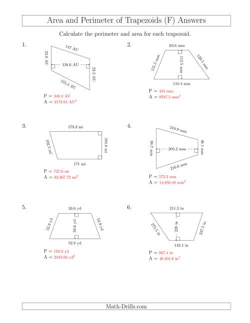 The Calculating the Perimeter and Area of Trapezoids (Larger Still Numbers) (F) Math Worksheet Page 2