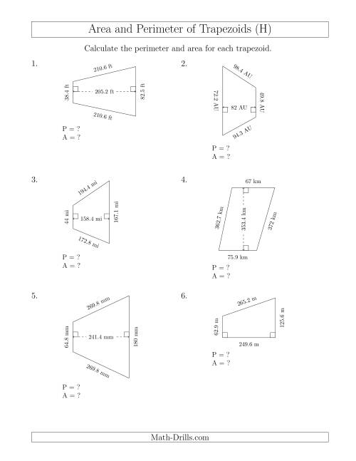 The Calculating the Perimeter and Area of Trapezoids (Larger Still Numbers) (H) Math Worksheet