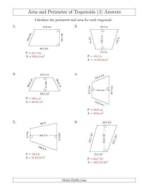 Calculating the Perimeter and Area of Trapezoids (Larger Still Numbers) (J)