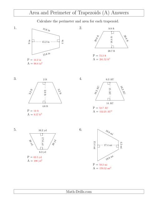 The Calculating the Perimeter and Area of Isosceles Trapezoids (A) Math Worksheet Page 2
