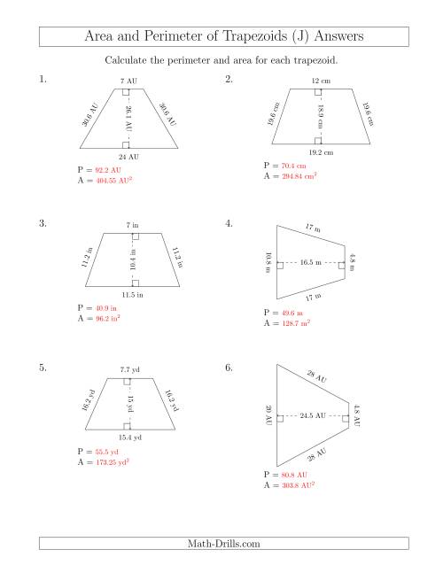 trapezoid perimeter and area worksheets