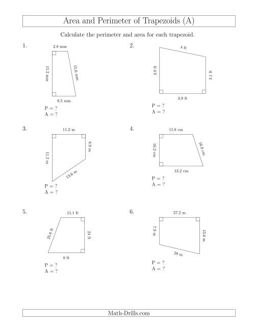 The Calculating the Perimeter and Area of Right Trapezoids (A) Math Worksheet