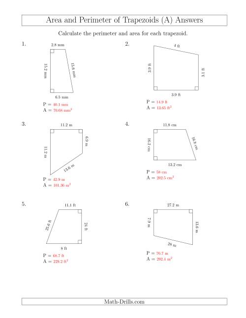 The Calculating the Perimeter and Area of Right Trapezoids (A) Math Worksheet Page 2