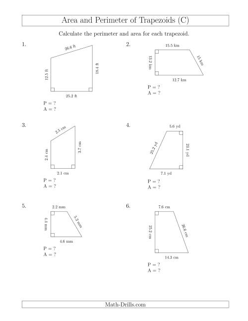 The Calculating the Perimeter and Area of Right Trapezoids (C) Math Worksheet