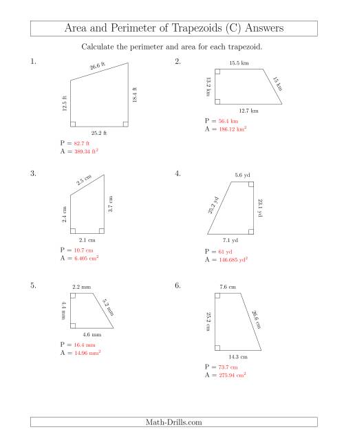 The Calculating the Perimeter and Area of Right Trapezoids (C) Math Worksheet Page 2