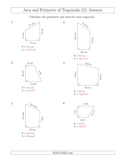 The Calculating the Perimeter and Area of Right Trapezoids (G) Math Worksheet Page 2