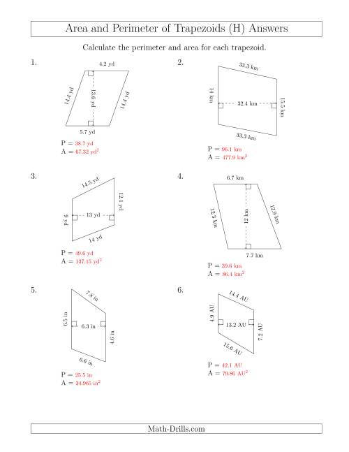 trapezoid perimeter and area worksheets