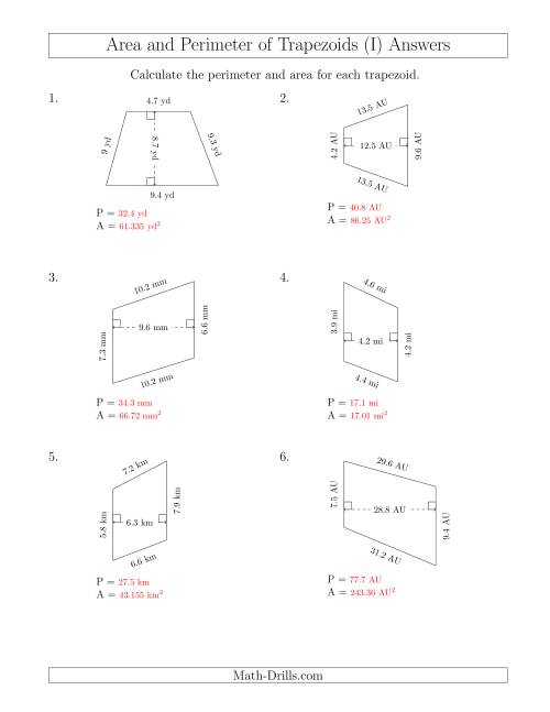 The Calculating the Perimeter and Area of Scalene Trapezoids (I) Math Worksheet Page 2