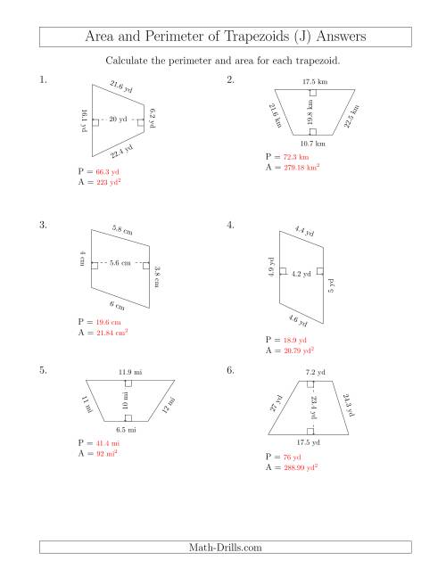 The Calculating the Perimeter and Area of Scalene Trapezoids (J) Math Worksheet Page 2