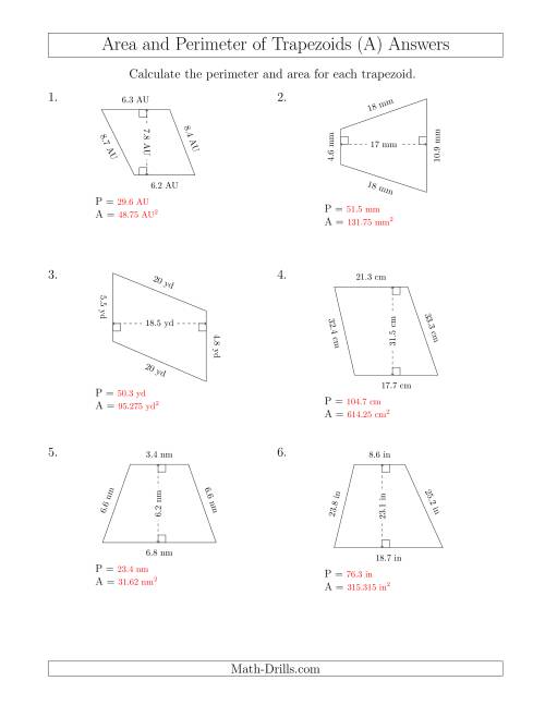 The Calculating the Perimeter and Area of Scalene Trapezoids (All) Math Worksheet Page 2