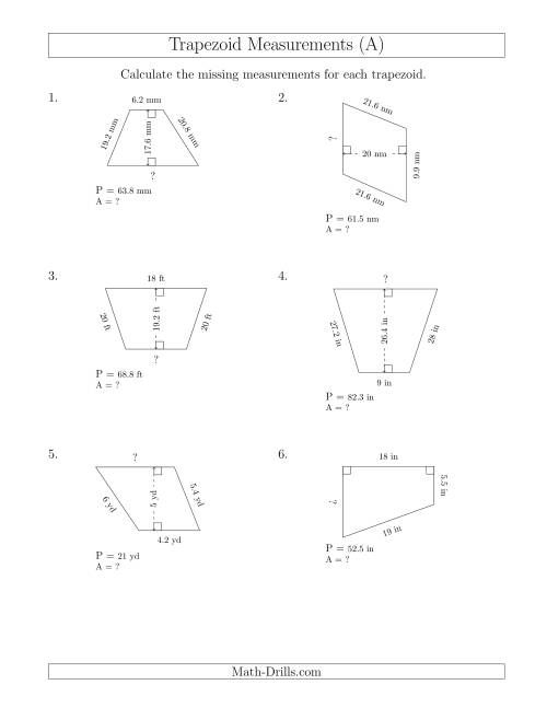 The Calculating Bases and Areas of Trapezoids (A) Math Worksheet