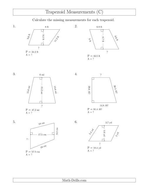 The Calculating Bases and Areas of Trapezoids (C) Math Worksheet