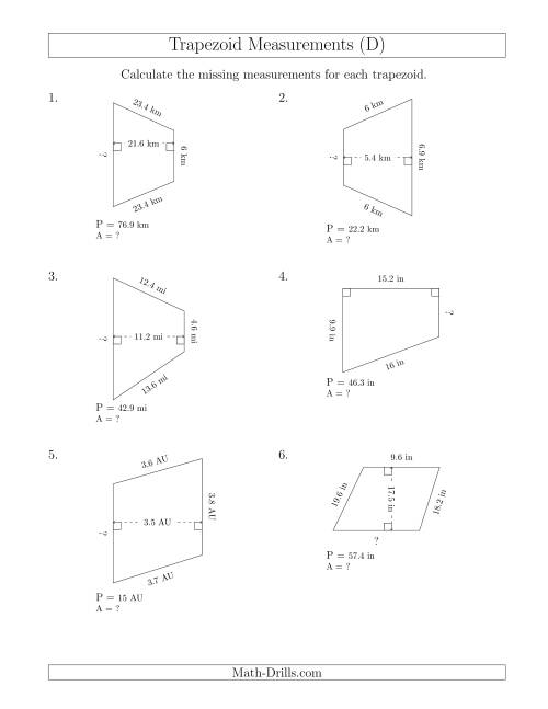 The Calculating Bases and Areas of Trapezoids (D) Math Worksheet