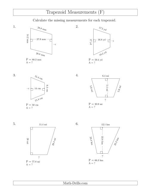 The Calculating Bases and Areas of Trapezoids (F) Math Worksheet
