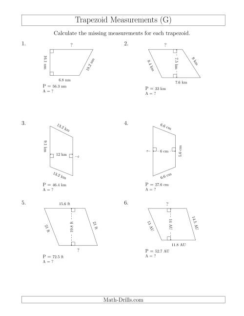 The Calculating Bases and Areas of Trapezoids (G) Math Worksheet