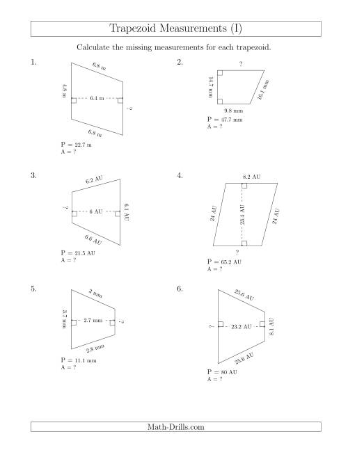 The Calculating Bases and Areas of Trapezoids (I) Math Worksheet