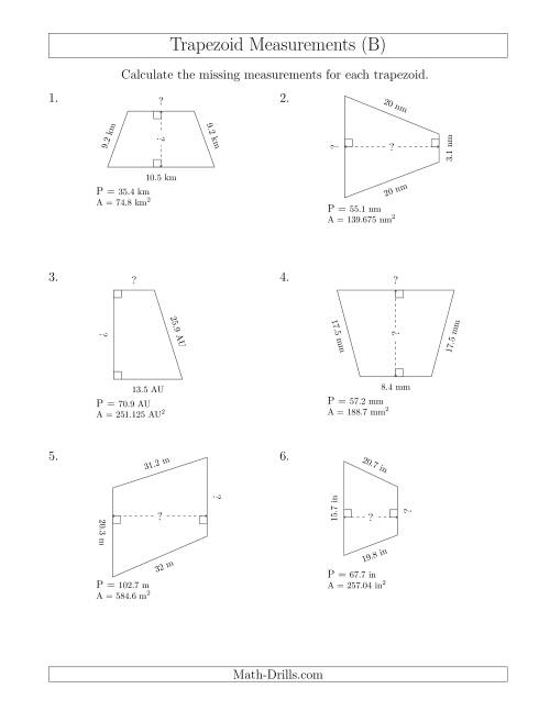 The Calculating Bases and Heights of Trapezoids (B) Math Worksheet