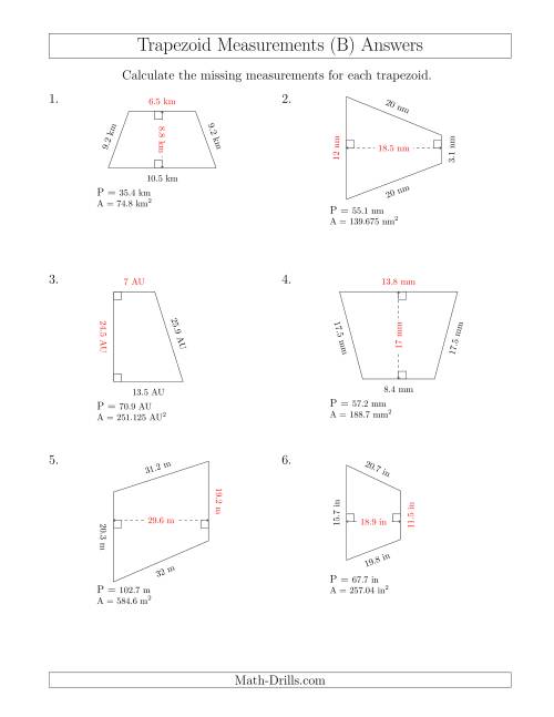 The Calculating Bases and Heights of Trapezoids (B) Math Worksheet Page 2