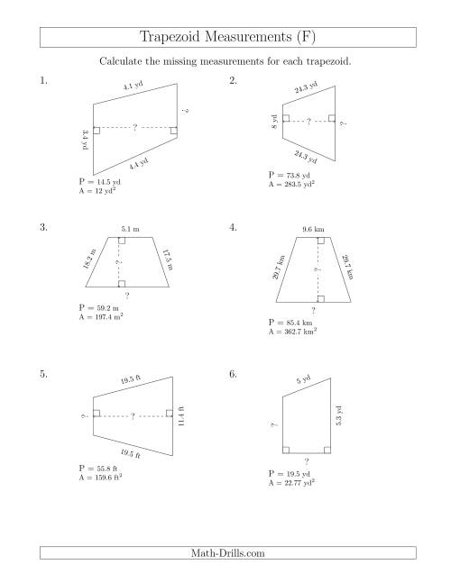 The Calculating Bases and Heights of Trapezoids (F) Math Worksheet
