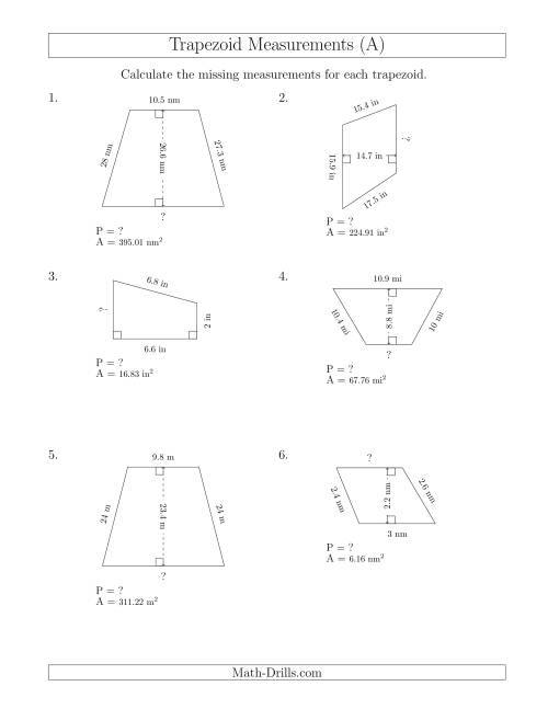 The Calculating Bases and Perimeters of Trapezoids (A) Math Worksheet