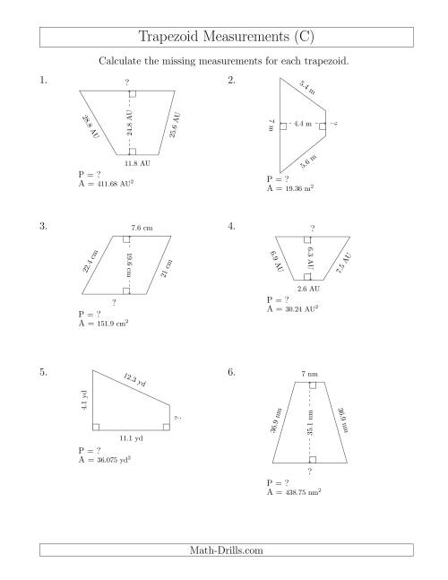 The Calculating Bases and Perimeters of Trapezoids (C) Math Worksheet