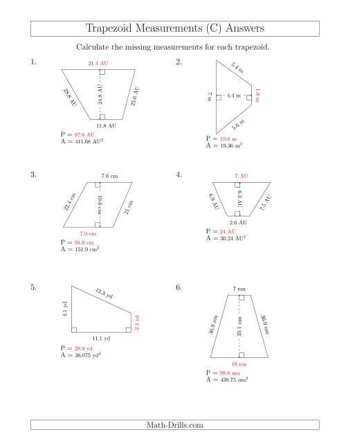 The Calculating Bases and Perimeters of Trapezoids (C) Math Worksheet Page 2