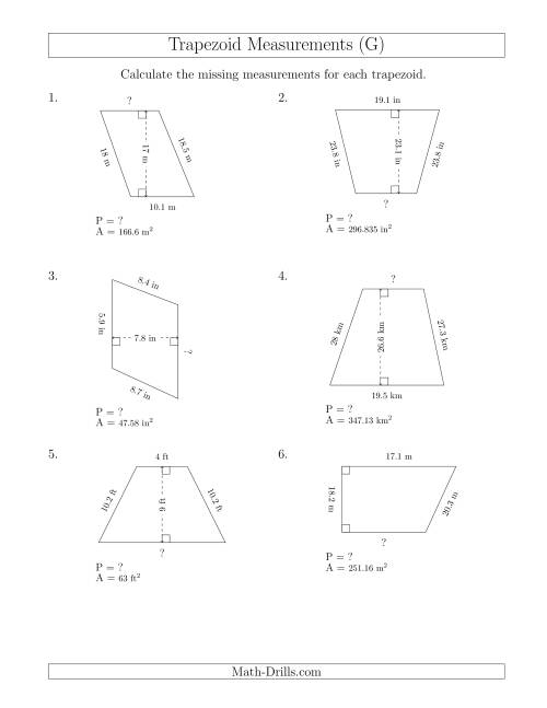 The Calculating Bases and Perimeters of Trapezoids (G) Math Worksheet