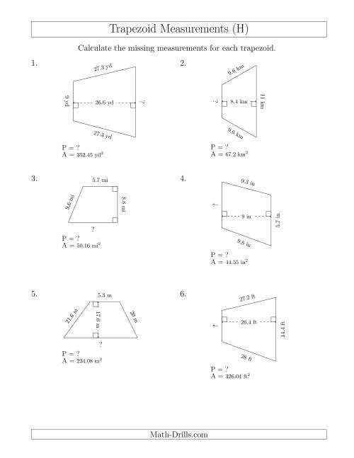 The Calculating Bases and Perimeters of Trapezoids (H) Math Worksheet
