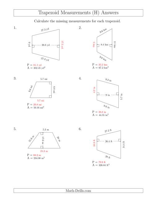 The Calculating Bases and Perimeters of Trapezoids (H) Math Worksheet Page 2