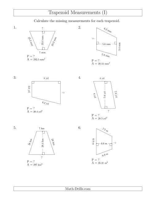 The Calculating Bases and Perimeters of Trapezoids (I) Math Worksheet