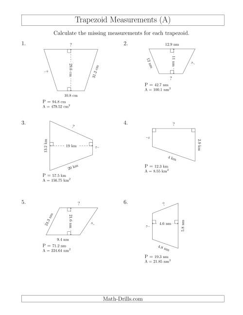 The Calculating Bases and Sides of Trapezoids (A) Math Worksheet