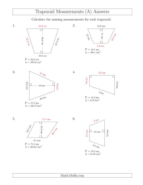 The Calculating Bases and Sides of Trapezoids (A) Math Worksheet Page 2