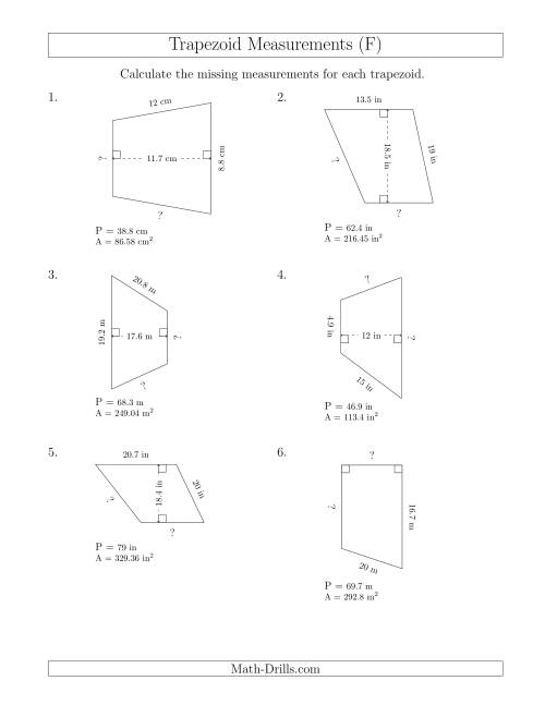 The Calculating Bases and Sides of Trapezoids (F) Math Worksheet