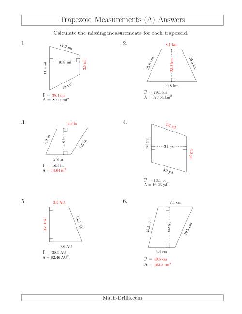 The Calculating Various Measurements of Trapezoids (A) Math Worksheet Page 2