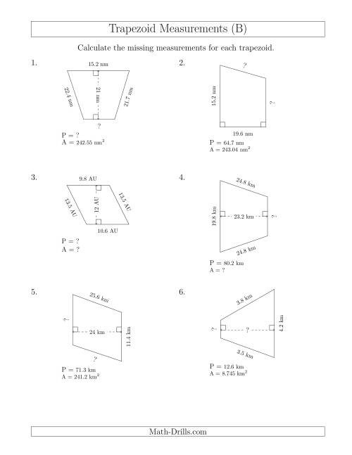 The Calculating Various Measurements of Trapezoids (B) Math Worksheet