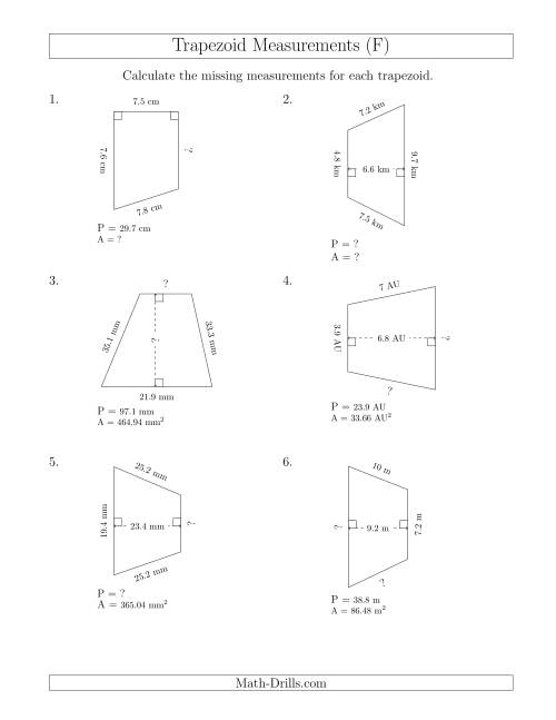 The Calculating Various Measurements of Trapezoids (F) Math Worksheet